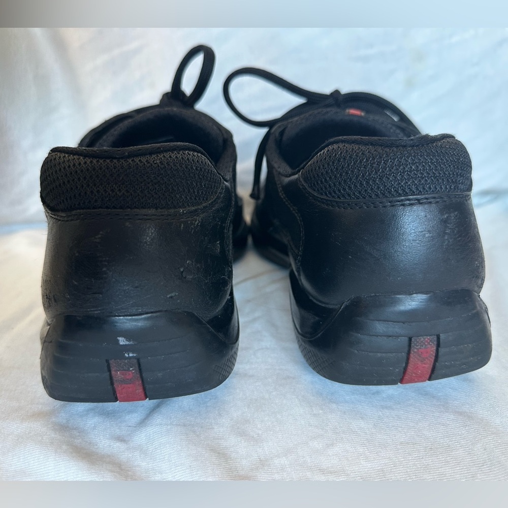 Prada America’s cup Men's Black Leather & Mesh Sneakers with Red Stripe - Picture 13 of 16